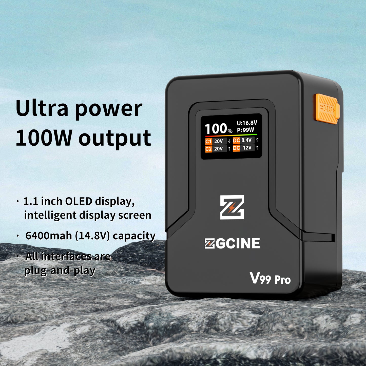 ZG-V99Pro V-Mount Battery Upgraded with PD100W faster charging speed, more ports and real-time smart display function (orange)