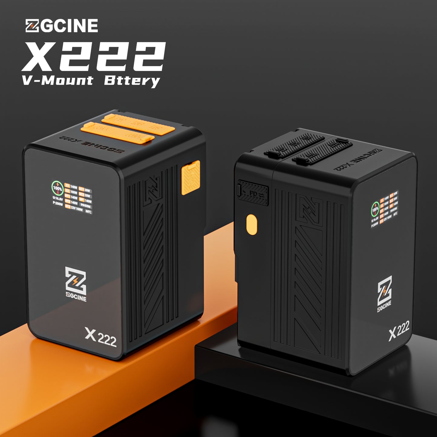 ZG-X222 V-Mount Battery 222Wh, PD3.1 140W Input/Output, with Dual USB-C, 3-D-TAP, Dual DC Port, 1.4in Digital Display(orange)