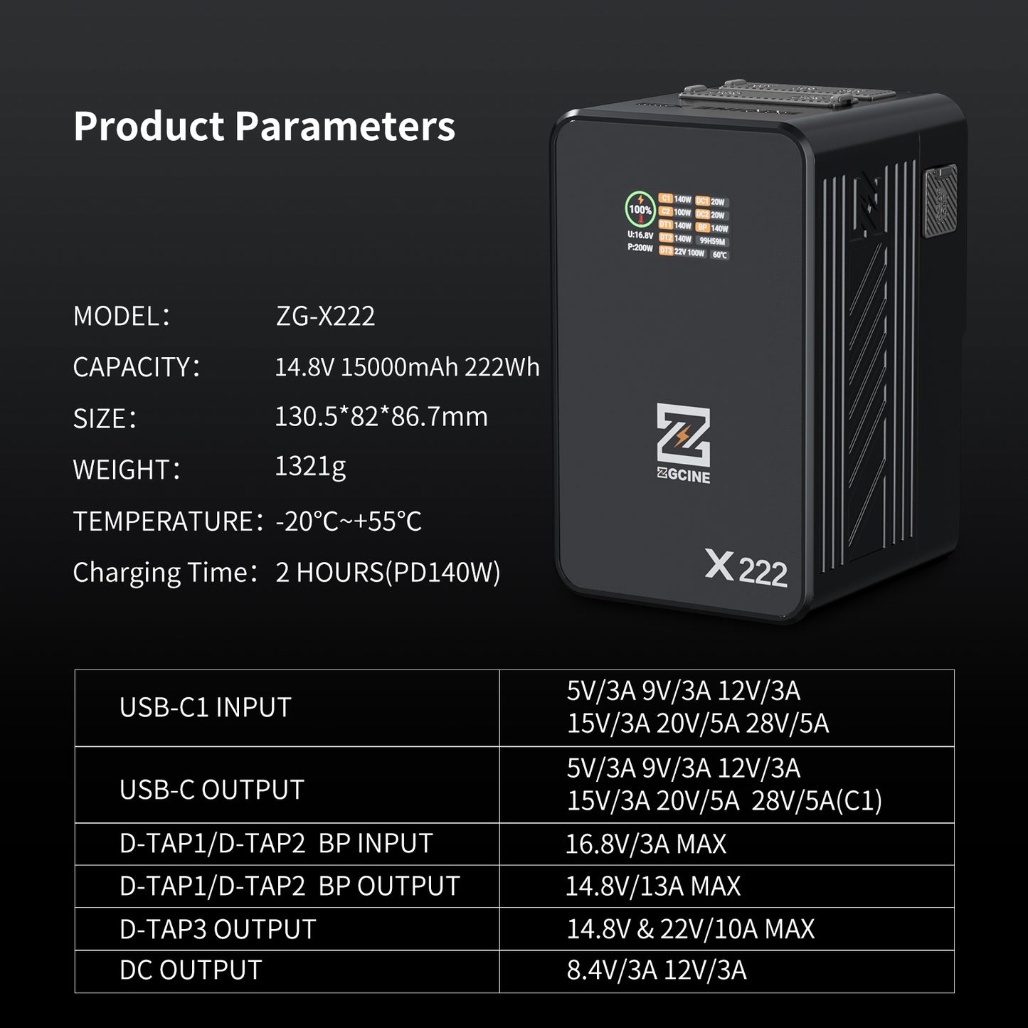 ZG-X222 V-Mount Battery 222Wh, PD3.1 140W Input/Output, with Dual USB-C, 3-D-TAP, Dual DC Port, 1.4in Digital Display(black)