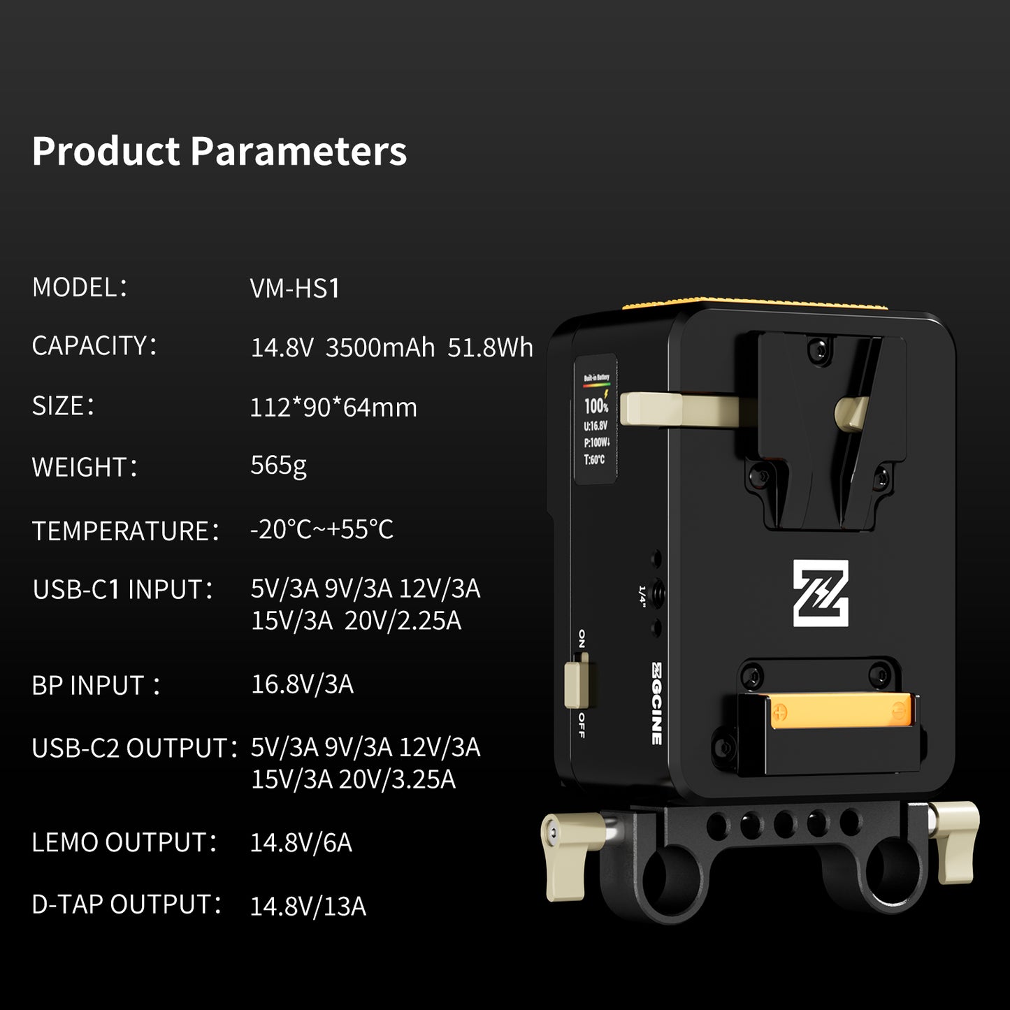 ZGCINE VM-HS1 Internal battery hot-swap V-mount battery plate with multi-port output and countdown reminder function for RED/Arri and other Cameras that are turned on for a long time (orange)