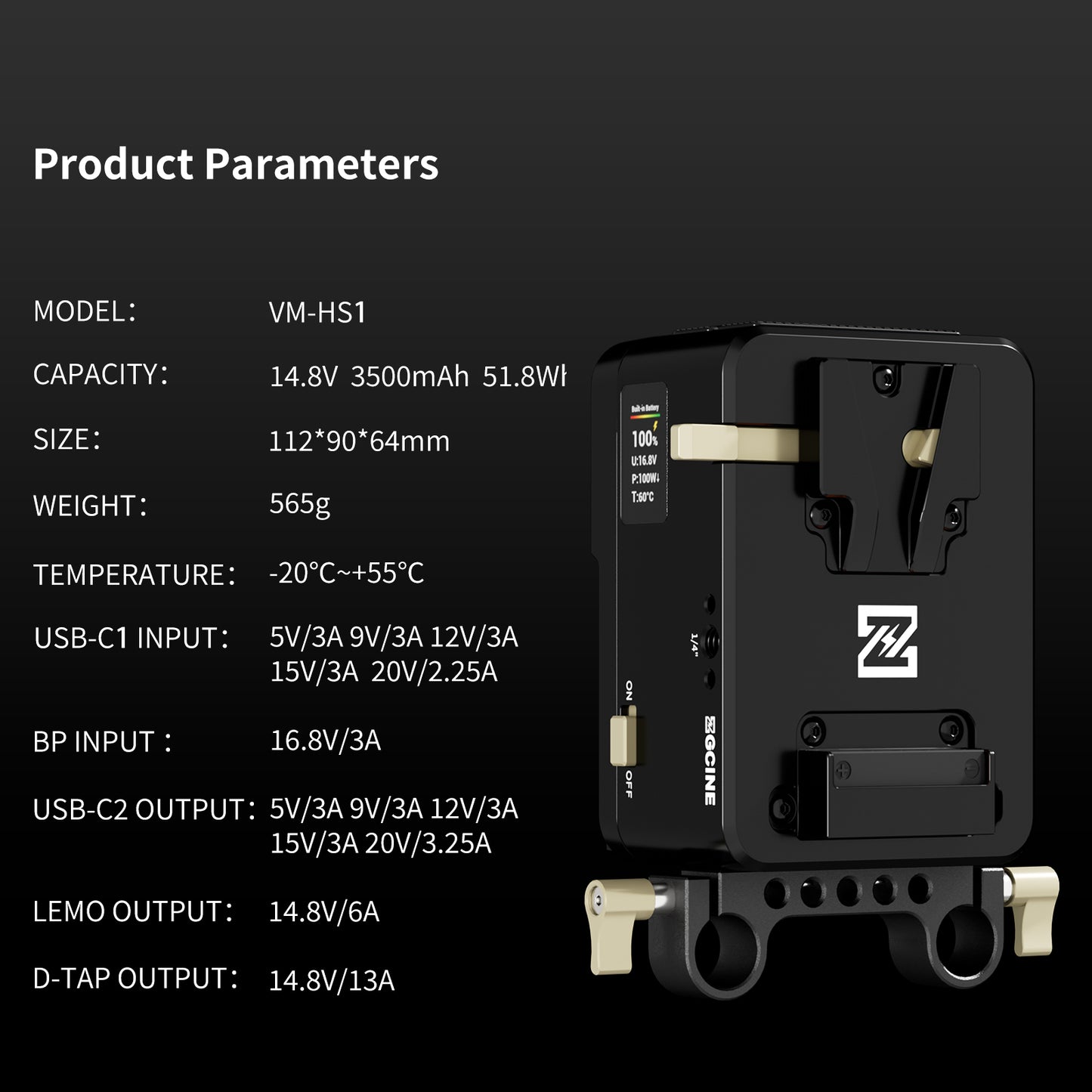 ZGCINE VM-HS1 Internal battery hot-swap V-mount battery plate with multi-port output and countdown reminder function for RED/Arri and other Cameras that are turned on for a long time (Black)