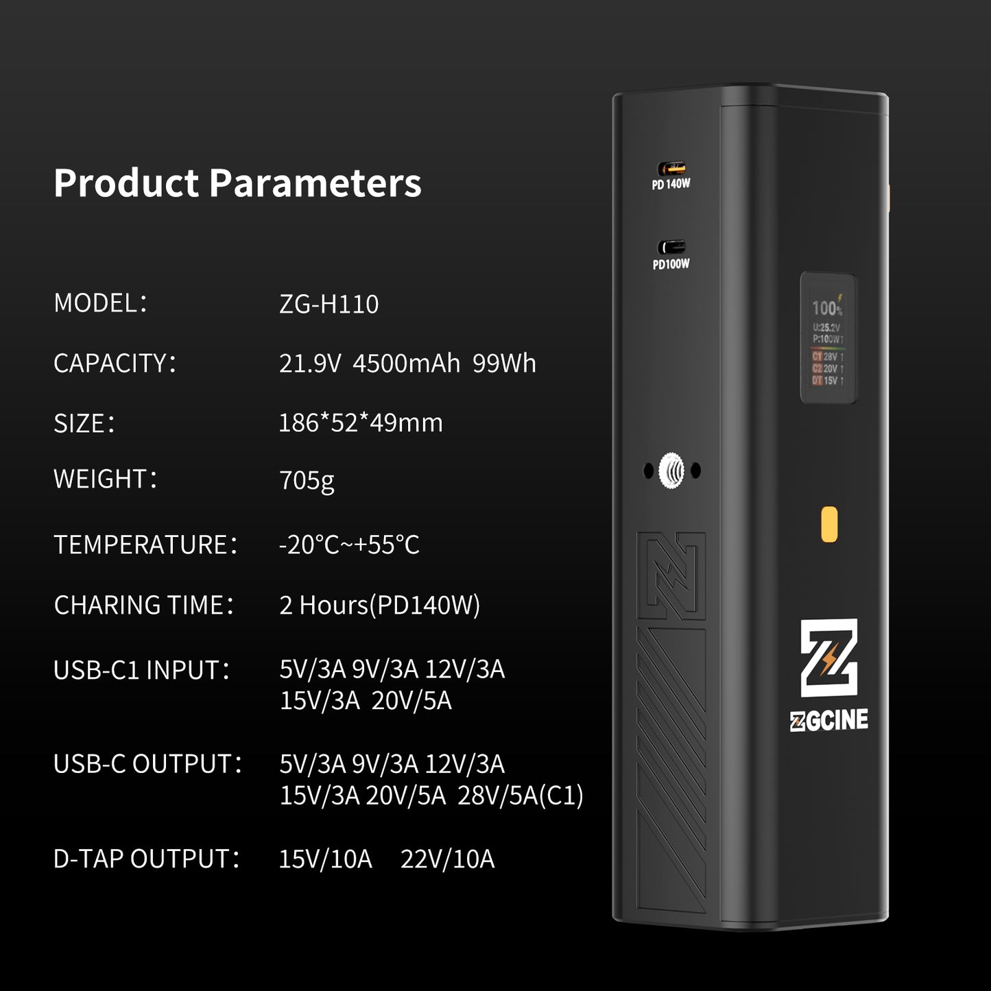 ZG-H110 Battery Grip Support USBC PD3.1 140W Input/Output With OLED Display