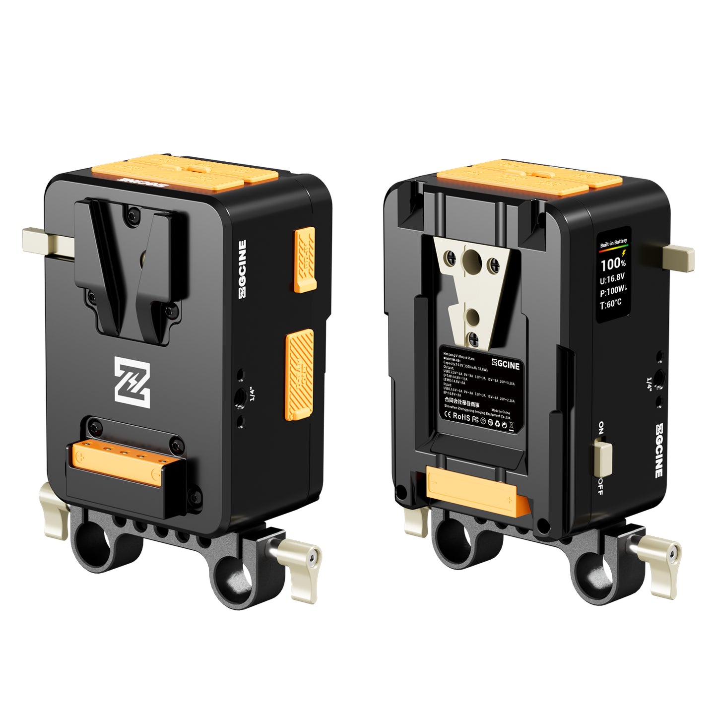 ZGCINE VM-HS1 Internal battery hot-swap V-mount battery plate with multi-port output and countdown reminder function for RED/Arri and other Cameras that are turned on for a long time (orange)