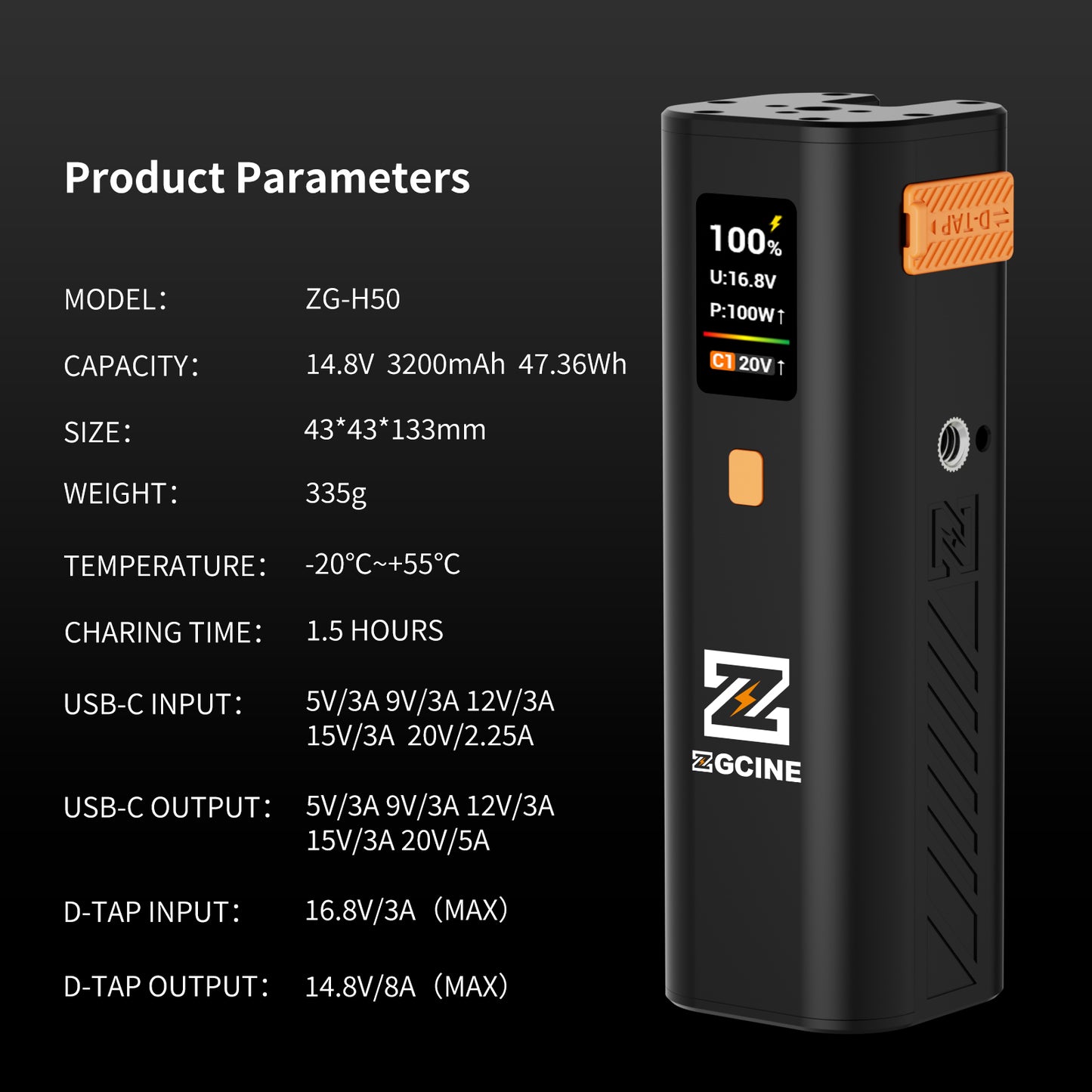 ZG-H50 Mini Battery Grip 50wh/14.8V,support PD and D-Tap Port,With OLED Display for Video light,Gopro,Cell phone and other Equipment.