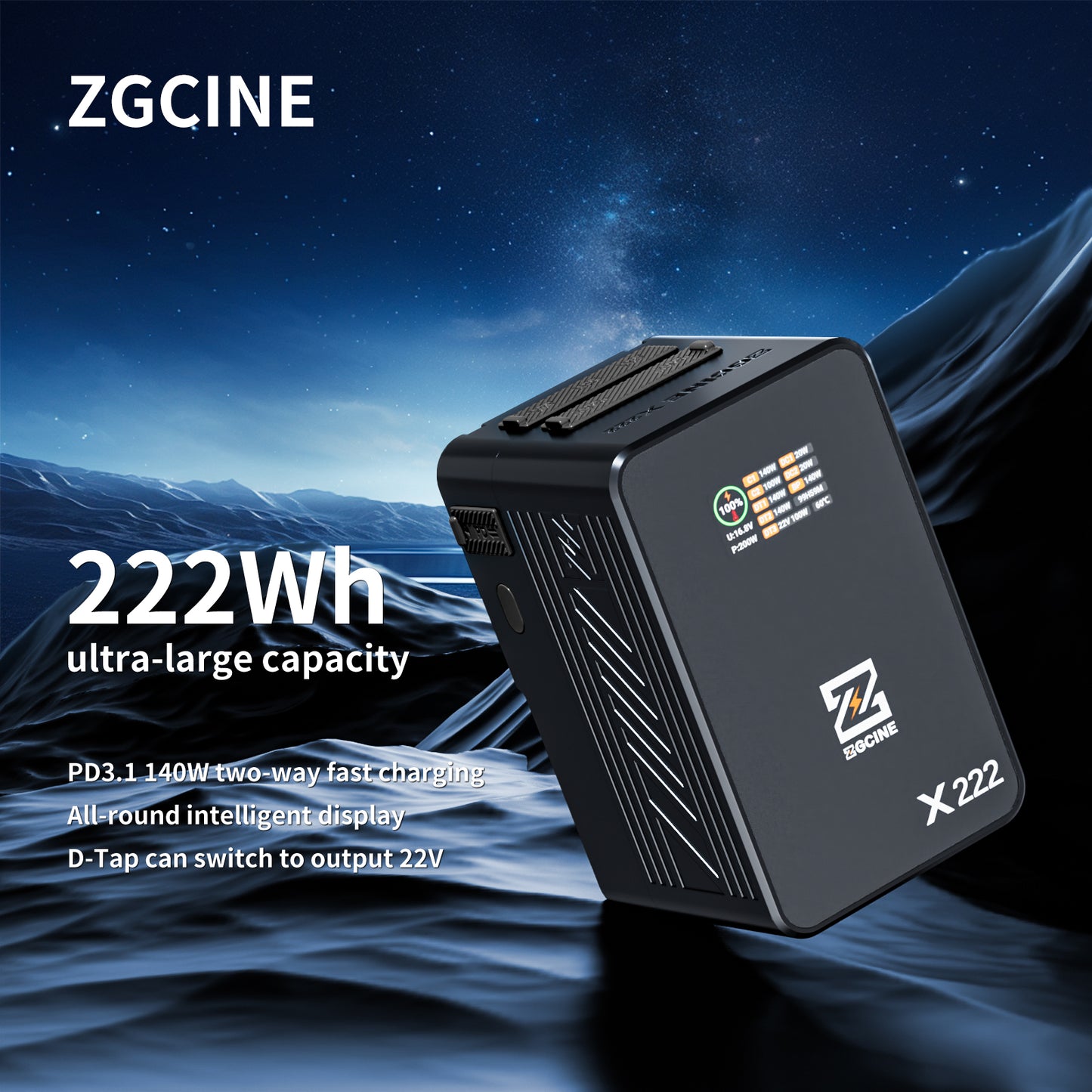 ZG-X222 V-Mount Battery 222Wh, PD3.1 140W Input/Output, with Dual USB-C, 3-D-TAP, Dual DC Port, 1.4in Digital Display(black)