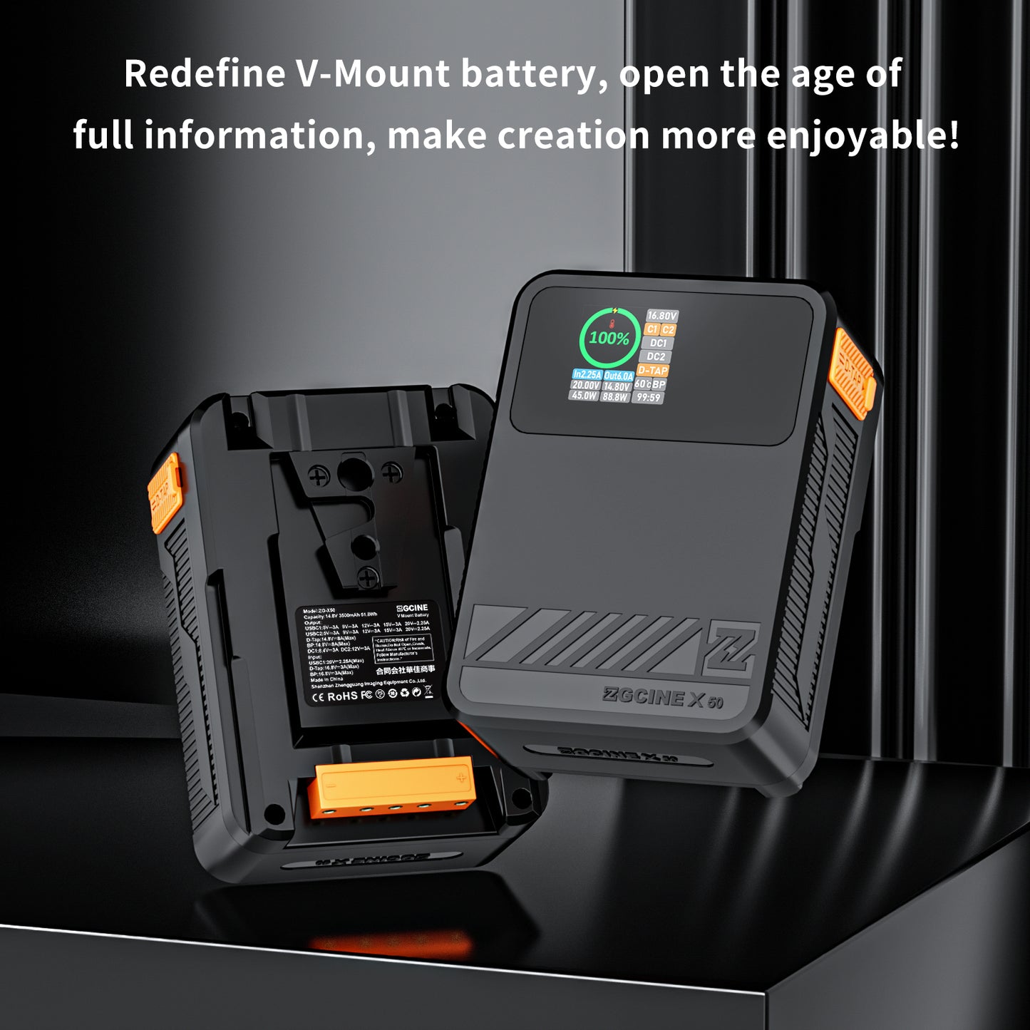 ZGCINE ZG-X50 V-Mount Battery,Support bidirectional 45W PD USB-C Fast Charger,52Wh/14.8V