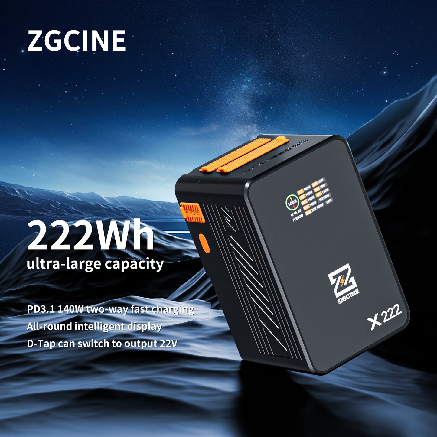 ZG-X222 V-Mount Battery 222Wh, PD3.1 140W Input/Output, with Dual USB-C, 3-D-TAP, Dual DC Port, 1.4in Digital Display(orange)