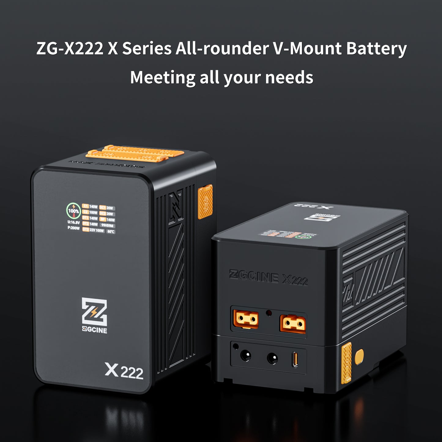 ZG-X222 V-Mount Battery 222Wh, PD3.1 140W Input/Output, with Dual USB-C, 3-D-TAP, Dual DC Port, 1.4in Digital Display(orange)