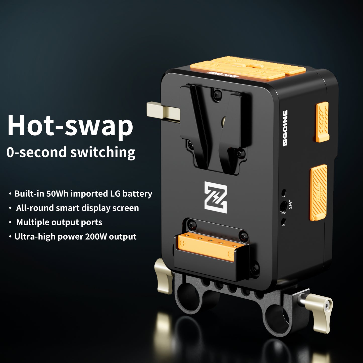 ZGCINE VM-HS1 Internal battery hot-swap V-mount battery plate with multi-port output and countdown reminder function for RED/Arri and other Cameras that are turned on for a long time (orange)
