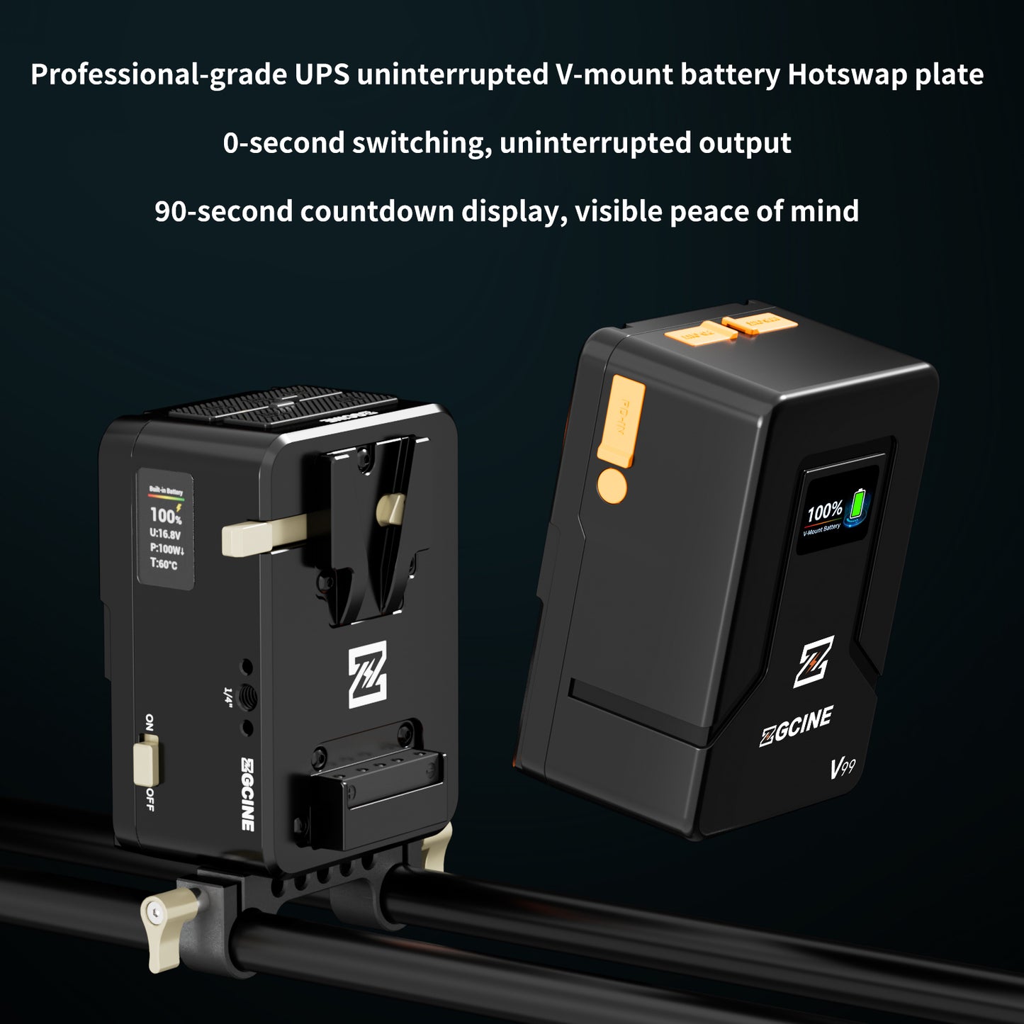 ZGCINE VM-HS1 Internal battery hot-swap V-mount battery plate with multi-port output and countdown reminder function for RED/Arri and other Cameras that are turned on for a long time (Black)