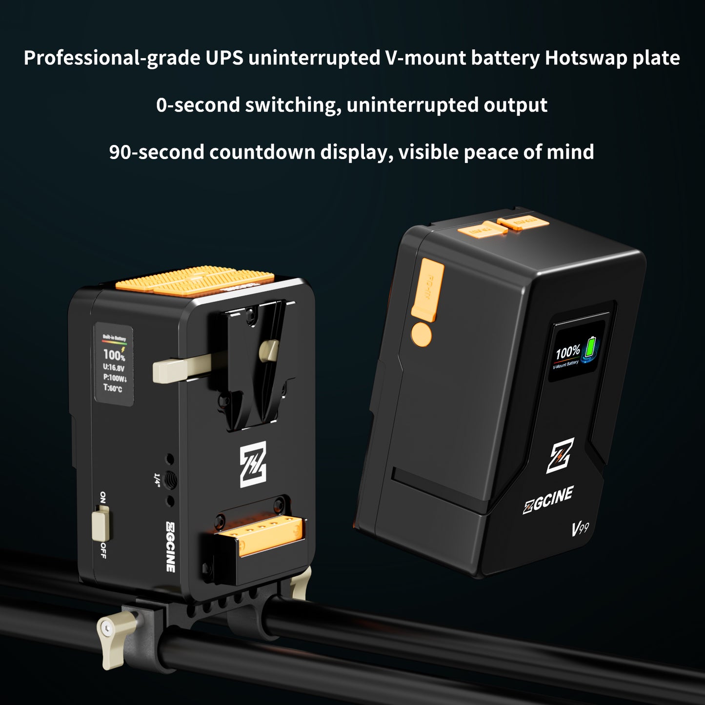 ZGCINE VM-HS1 Internal battery hot-swap V-mount battery plate with multi-port output and countdown reminder function for RED/Arri and other Cameras that are turned on for a long time (orange)