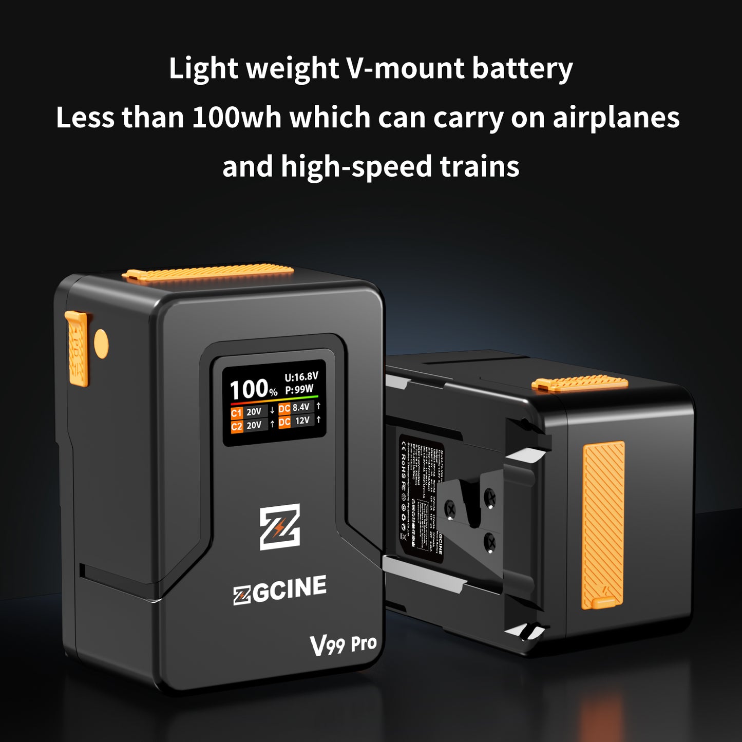 ZG-V99Pro V-Mount Battery Upgraded with PD100W faster charging speed, more ports and real-time smart display function (orange)