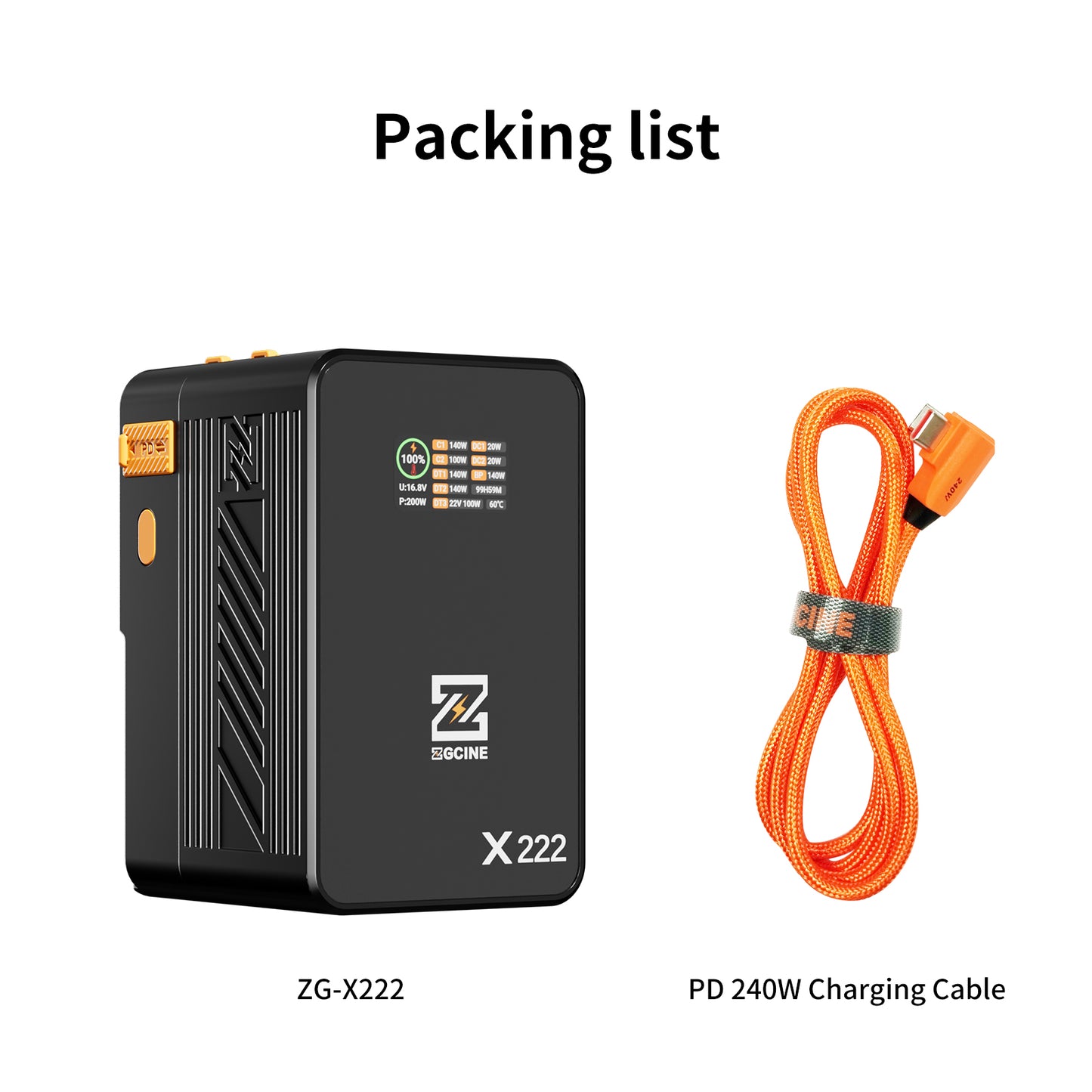 ZG-X222 V-Mount Battery 222Wh, PD3.1 140W Input/Output, with Dual USB-C, 3-D-TAP, Dual DC Port, 1.4in Digital Display(orange)