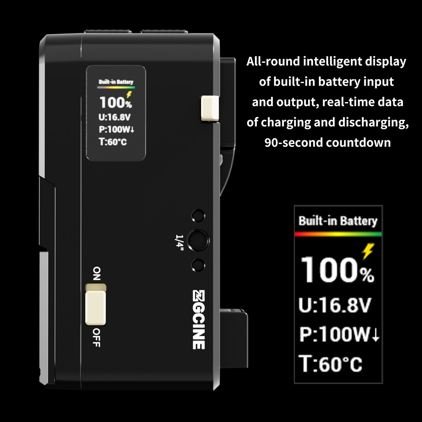 ZGCINE VM-HS1 Internal battery hot-swap V-mount battery plate with multi-port output and countdown reminder function for RED/Arri and other Cameras that are turned on for a long time (Black)