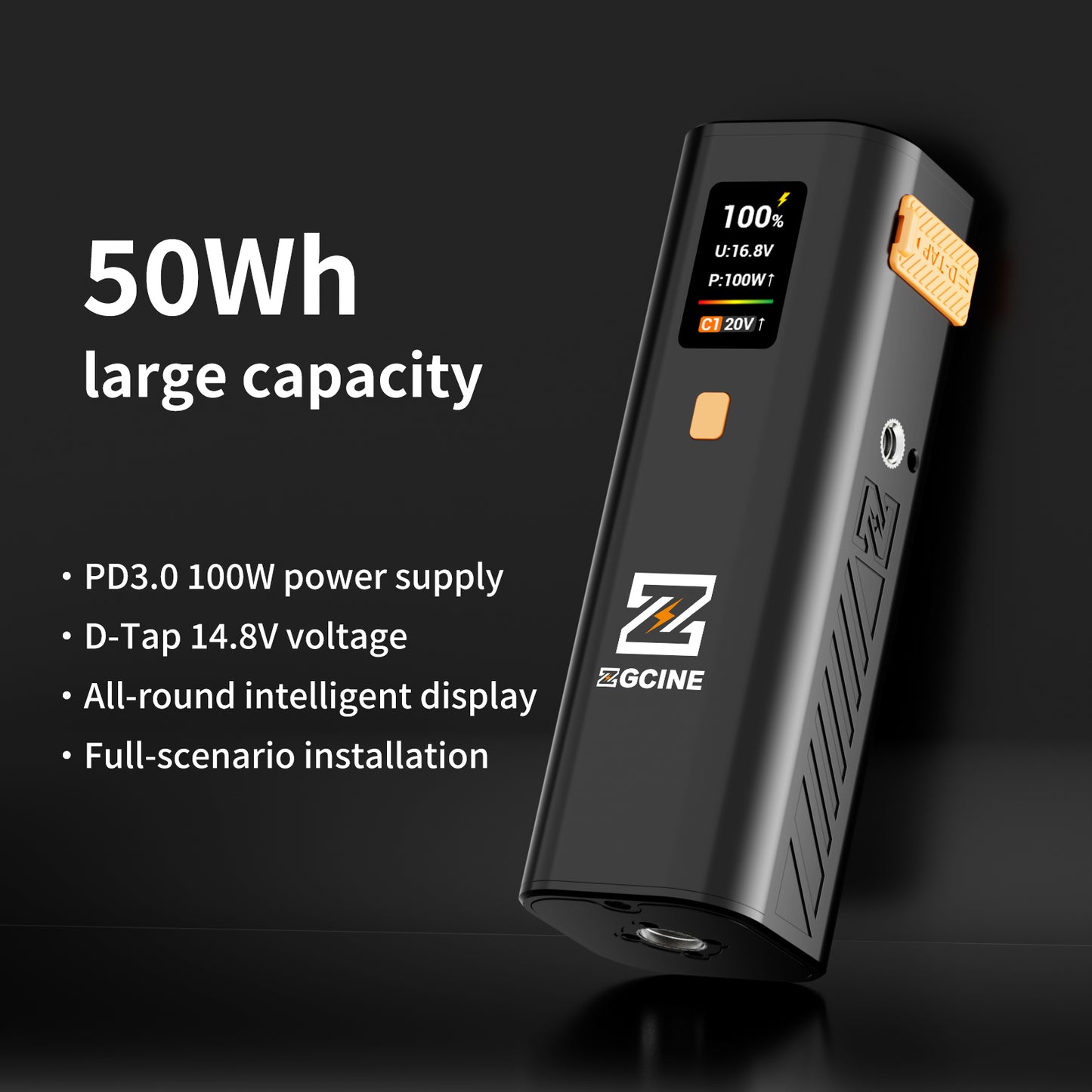 ZG-H50 Mini Battery Grip 50wh/14.8V,support PD and D-Tap Port,With OLED Display for Video light,Gopro,Cell phone and other Equipment.
