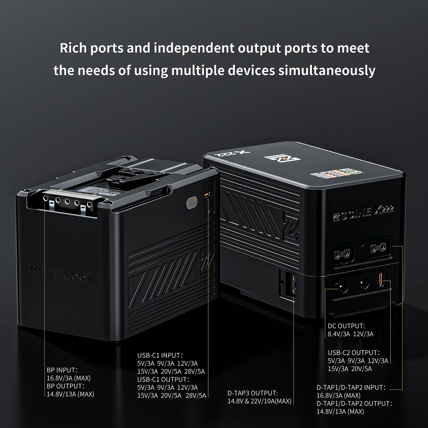 ZG-X222 V-Mount Battery 222Wh, PD3.1 140W Input/Output, with Dual USB-C, 3-D-TAP, Dual DC Port, 1.4in Digital Display(black)