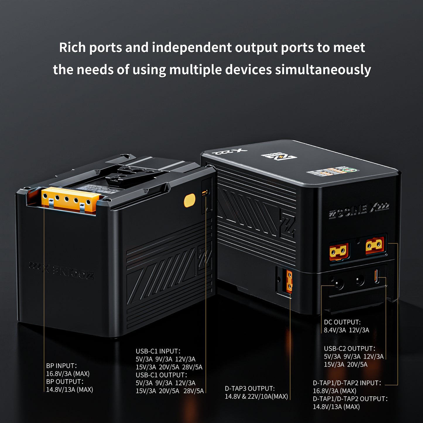 ZG-X222 V-Mount Battery 222Wh, PD3.1 140W Input/Output, with Dual USB-C, 3-D-TAP, Dual DC Port, 1.4in Digital Display(orange)