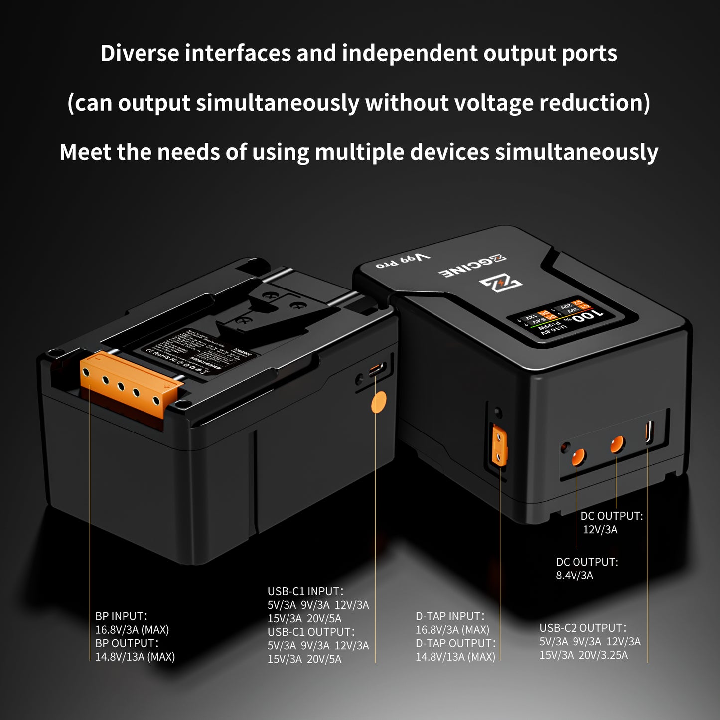 ZG-V99Pro V-Mount Battery Upgraded with PD100W faster charging speed, more ports and real-time smart display function (orange)