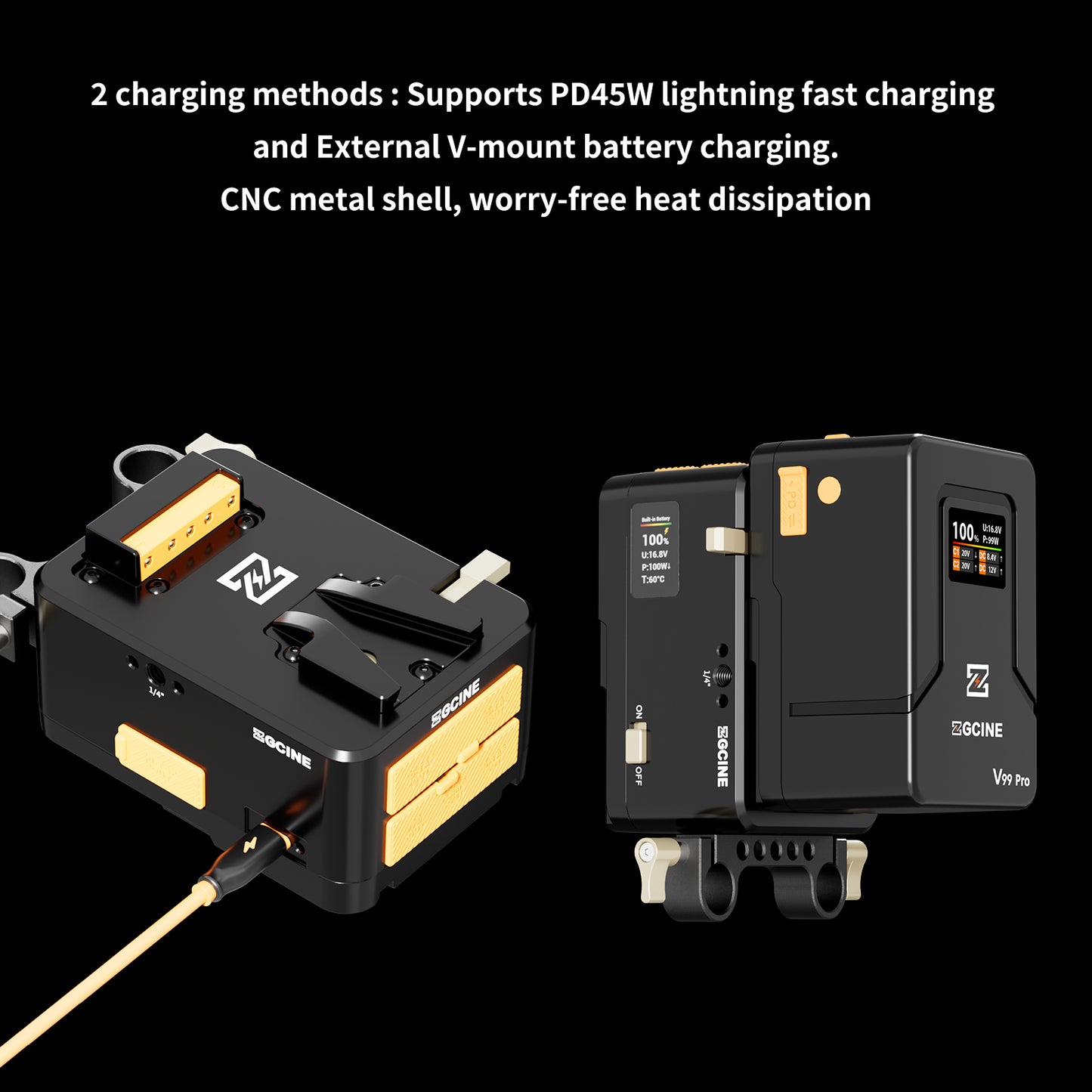 ZGCINE VM-HS1 Internal battery hot-swap V-mount battery plate with multi-port output and countdown reminder function for RED/Arri and other Cameras that are turned on for a long time (orange)