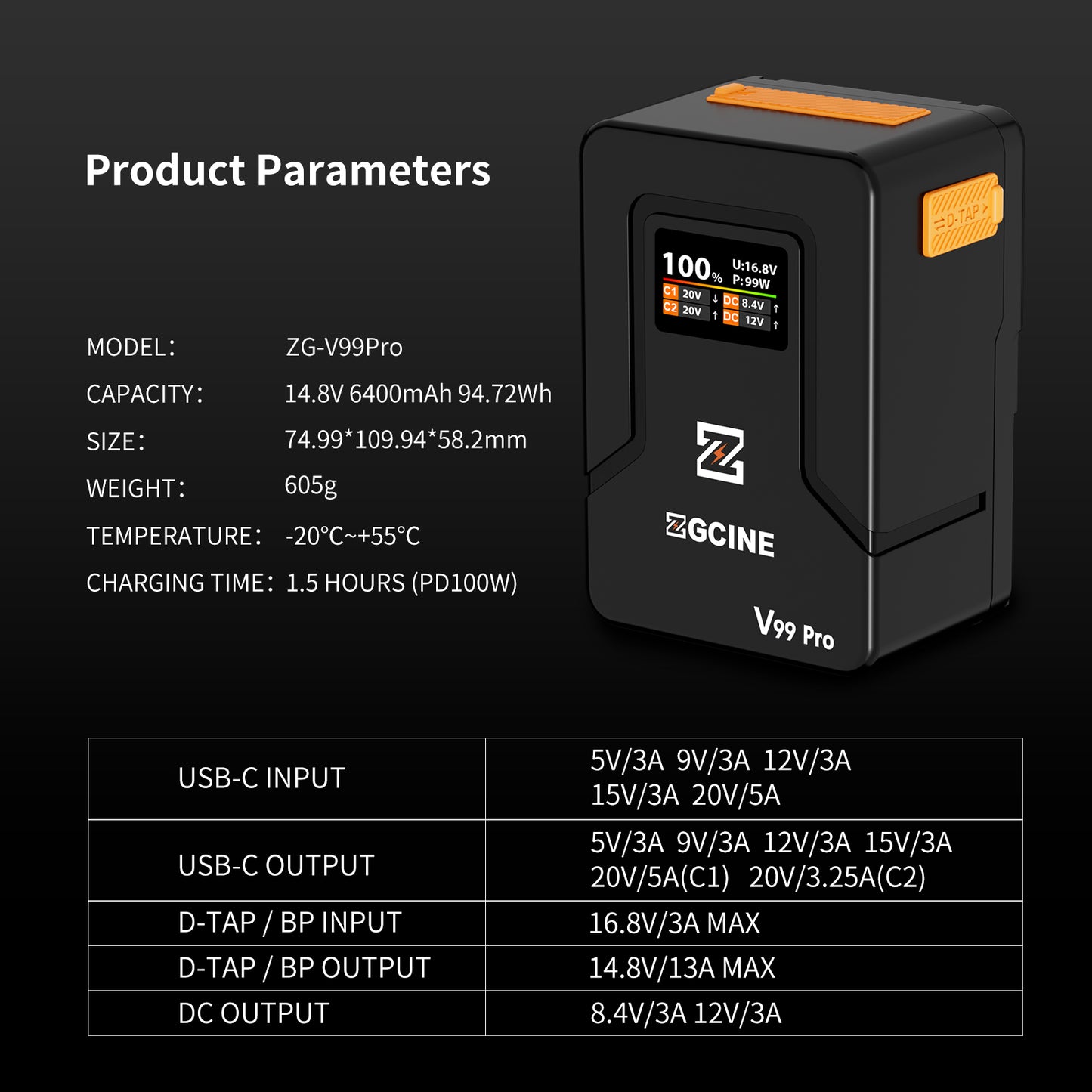 ZG-V99Pro V-Mount Battery Upgraded with PD100W faster charging speed, more ports and real-time smart display function (orange)