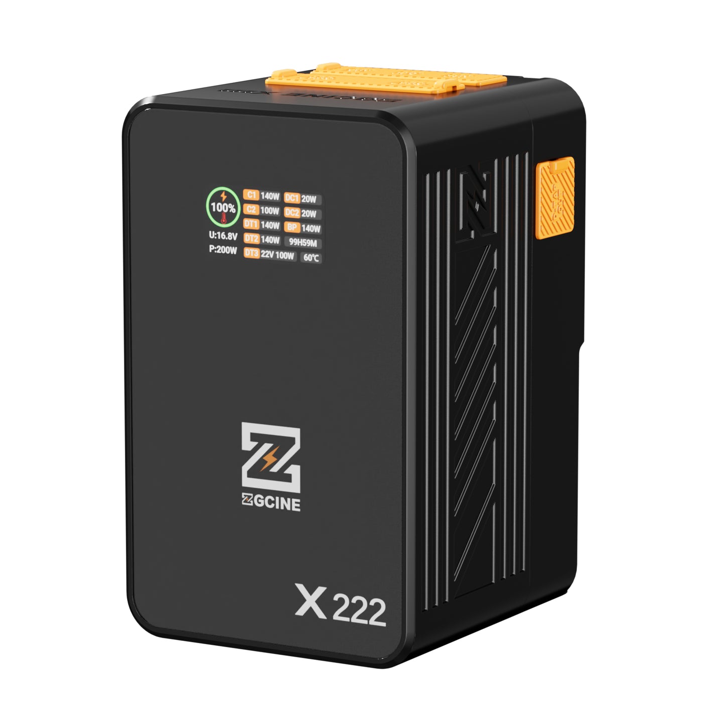 ZG-X222 V-Mount Battery 222Wh, PD3.1 140W Input/Output, with Dual USB-C, 3-D-TAP, Dual DC Port, 1.4in Digital Display(orange)