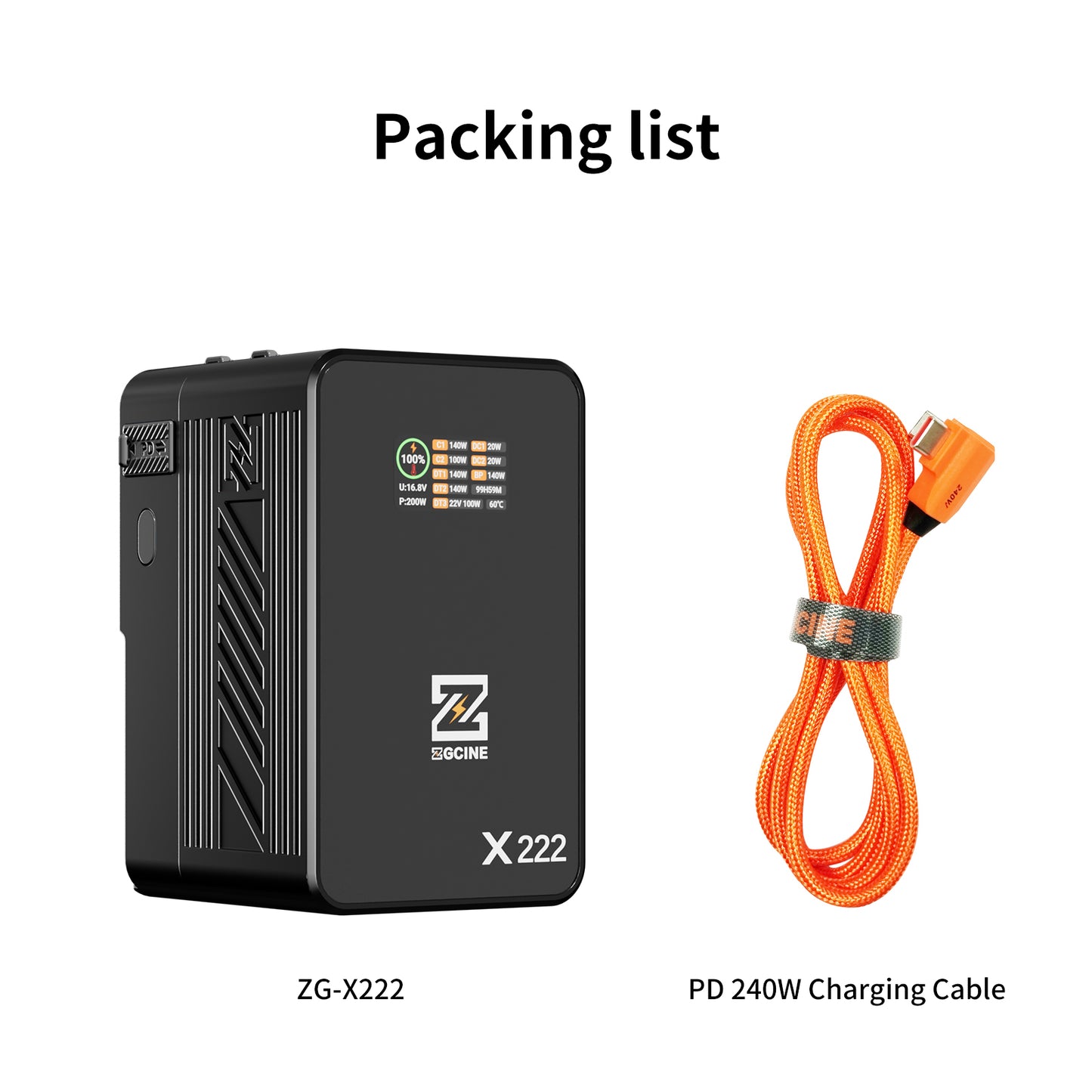 ZG-X222 V-Mount Battery 222Wh, PD3.1 140W Input/Output, with Dual USB-C, 3-D-TAP, Dual DC Port, 1.4in Digital Display(black)