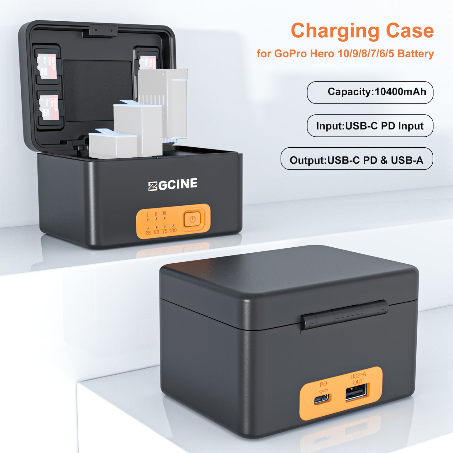 ZGCINE PS-G10 Charging Case for GoPro 11/10/9/8/7/6/5 Battery with 3 Charging Slots