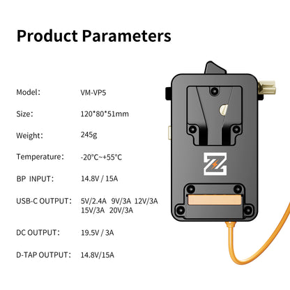 VM-VP5 V-Mount Plate whit Regulated 19.5V output for Sony FX6 camera with PD and D-Tap output, supports BPU built-in battery hot swap.