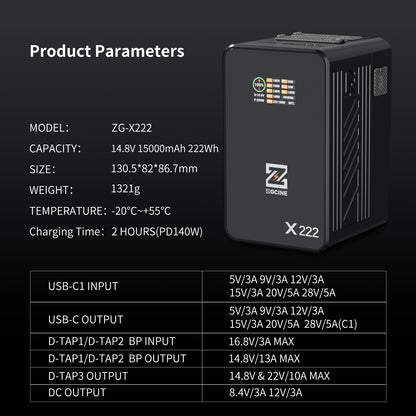 ZG-X222 V-Mount Battery 222Wh, PD3.1 140W Input/Output, with Dual USB-C, 3-D-TAP, Dual DC Port, 1.4in Digital Display(black)
