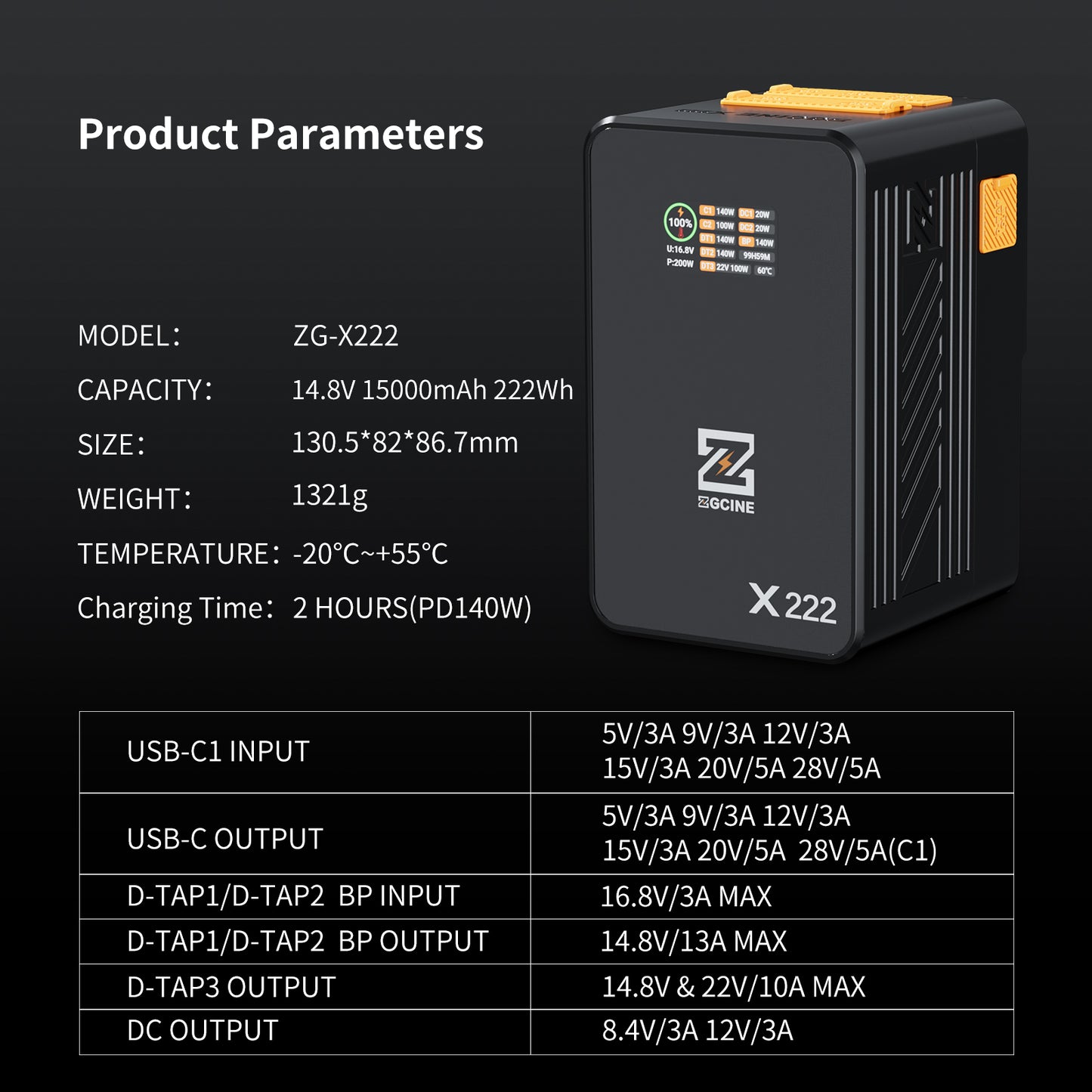 ZG-X222 V-Mount Battery 222Wh, PD3.1 140W Input/Output, with Dual USB-C, 3-D-TAP, Dual DC Port, 1.4in Digital Display(orange)
