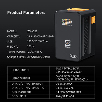 ZG-X222 V-Mount Battery 222Wh, PD3.1 140W Input/Output, with Dual USB-C, 3-D-TAP, Dual DC Port, 1.4in Digital Display(orange)