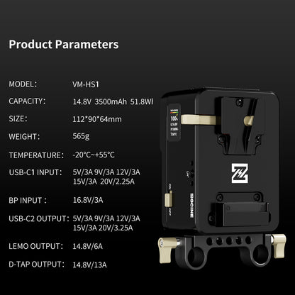ZGCINE VM-HS1 Internal battery hot-swap V-mount battery plate with multi-port output and countdown reminder function for RED/Arri and other Cameras that are turned on for a long time (Black）