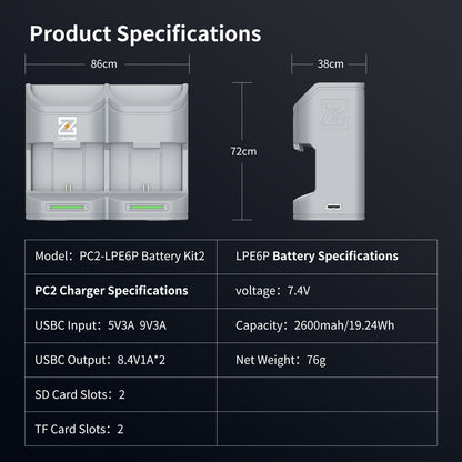 PC2-LPE6 Travel Charging Case for Canon LPE6/E6NH/E6P Camera Battery(Grey）