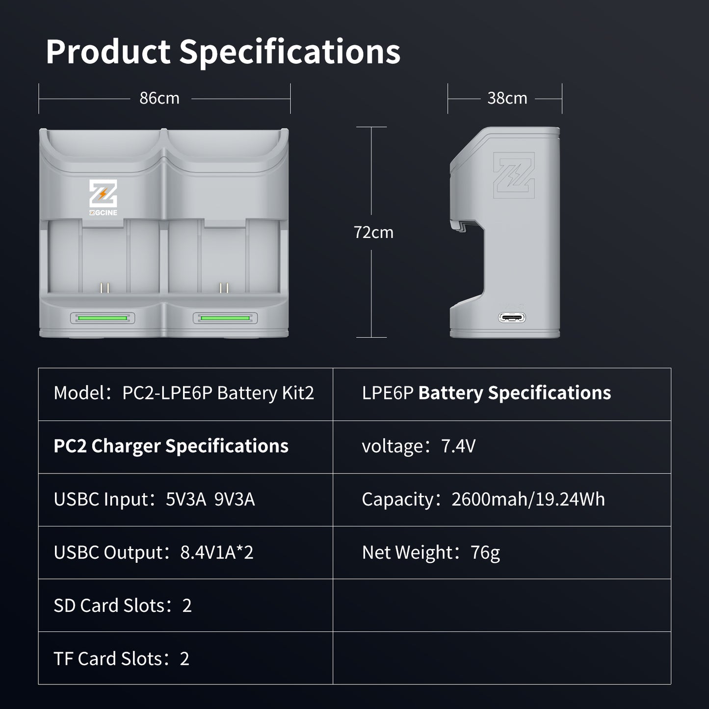 PC2-LPE6P Kit2 Travel Charging Case Kit with 2-Pack high-capacity LP-E6P Battery(2600mAh Grey）