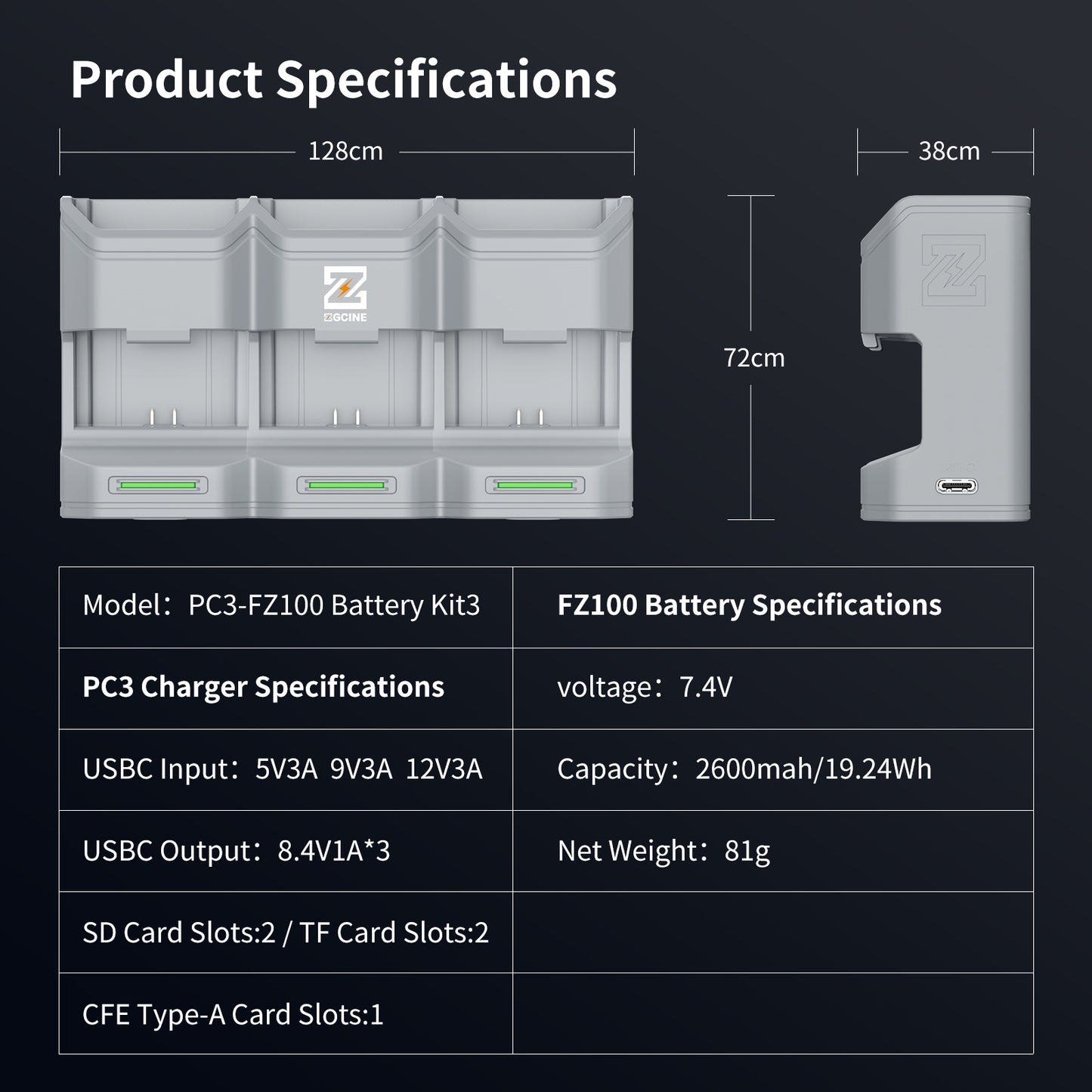 PC3-FZ100 Kit3 Travel Charging Case Kit with 3-Pack high-capacity NP-FZ100 Battery(2600mAH Grey)