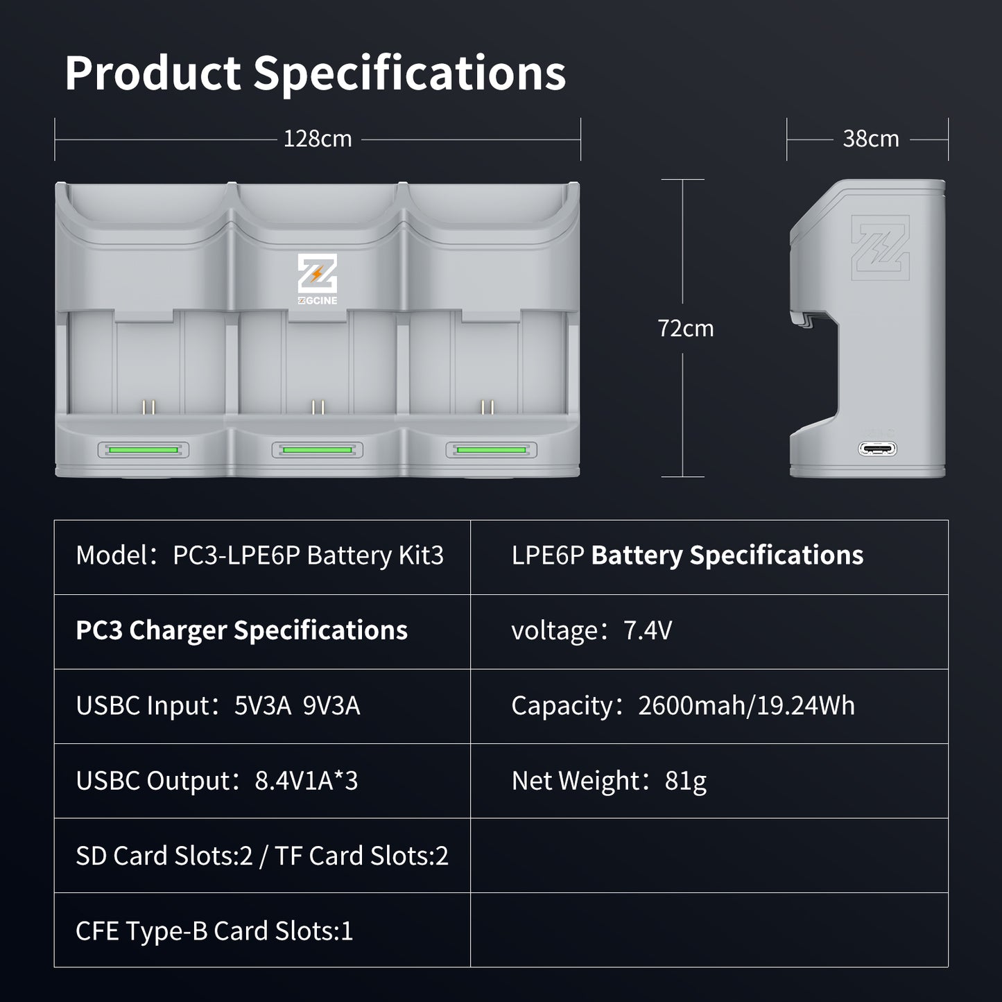 PC3-LPE6P Kit3 Travel Charging Case Kit with 3-Pack high-capacity LP-E6P Battery(2600mAH Grey)