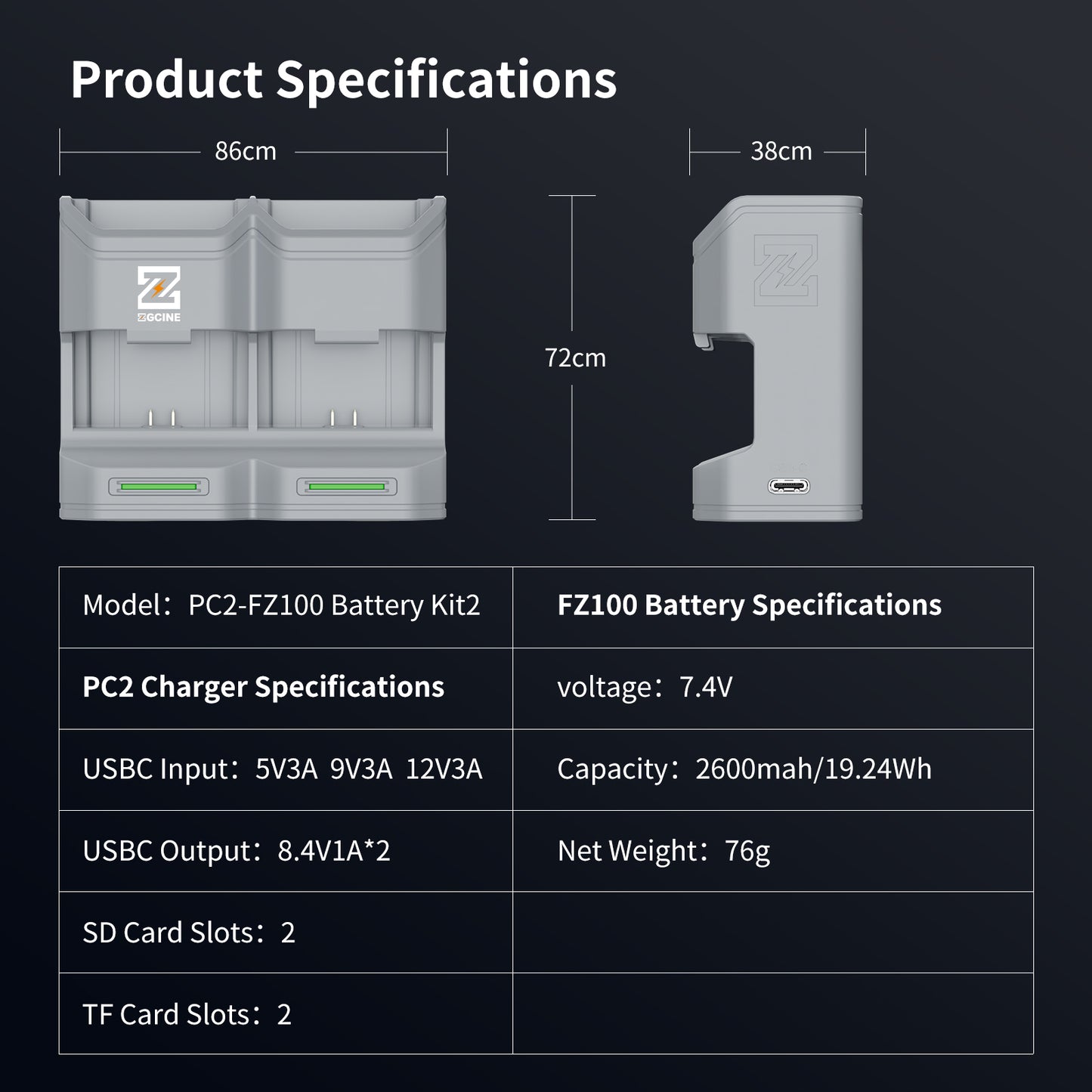 PC2-FZ100 Travel Charging Case for SONY NP-FZ100 Battery(Grey）