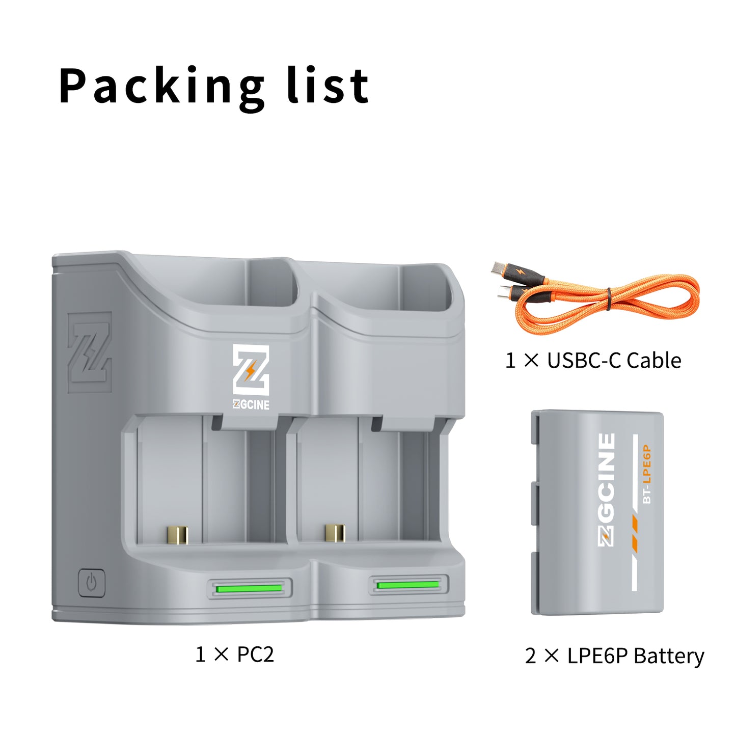 PC2-LPE6P Kit2 Travel Charging Case Kit with 2-Pack high-capacity LP-E6P Battery(2600mAh Grey）