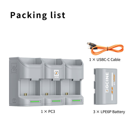 PC3-LPE6P Kit3 Travel Charging Case Kit with 3-Pack high-capacity LP-E6P Battery(2600mAH Grey)
