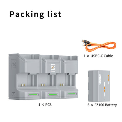PC3-FZ100 Kit3 Travel Charging Case Kit with 3-Pack high-capacity NP-FZ100 Battery(2600mAH Grey)