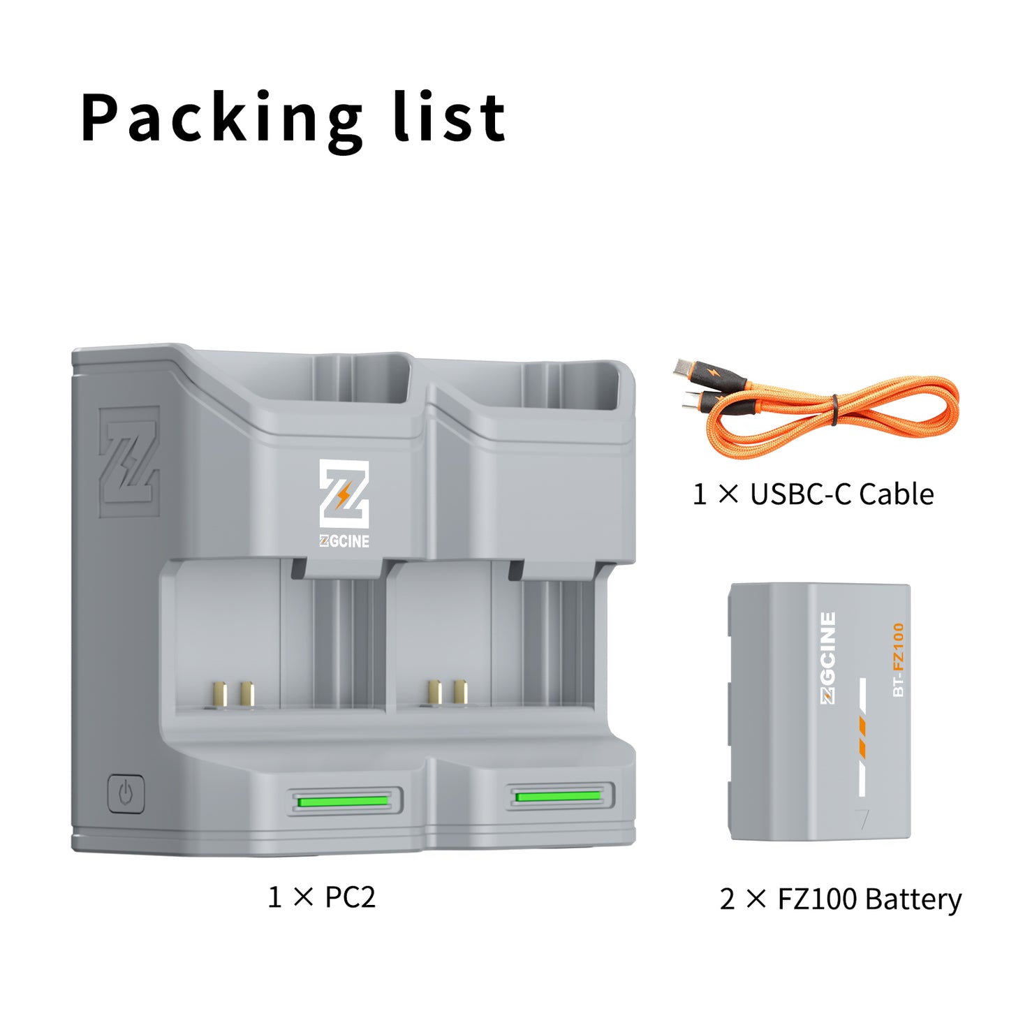 PC2-FZ100 Kit2 Travel Charging Case Kit with 2-Pack high-capacity NP-FZ100 Battery(2600mAh Grey）