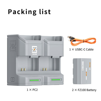 PC2-FZ100 Kit2 Travel Charging Case Kit with 2-Pack high-capacity NP-FZ100 Battery(2600mAh Grey）