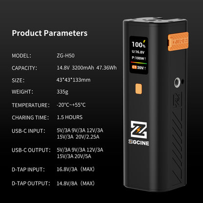 ZG-H50 Mini Battery Grip 50wh/14.8V,support PD and D-Tap Port,With OLED Display for Video light,Gopro,Cell phone and other Equipment.