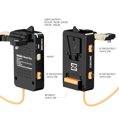 VM-VP5 V-Mount Plate whit Regulated 19.5V output for Sony FX6 camera with PD and D-Tap output, supports BPU built-in battery hot swap.