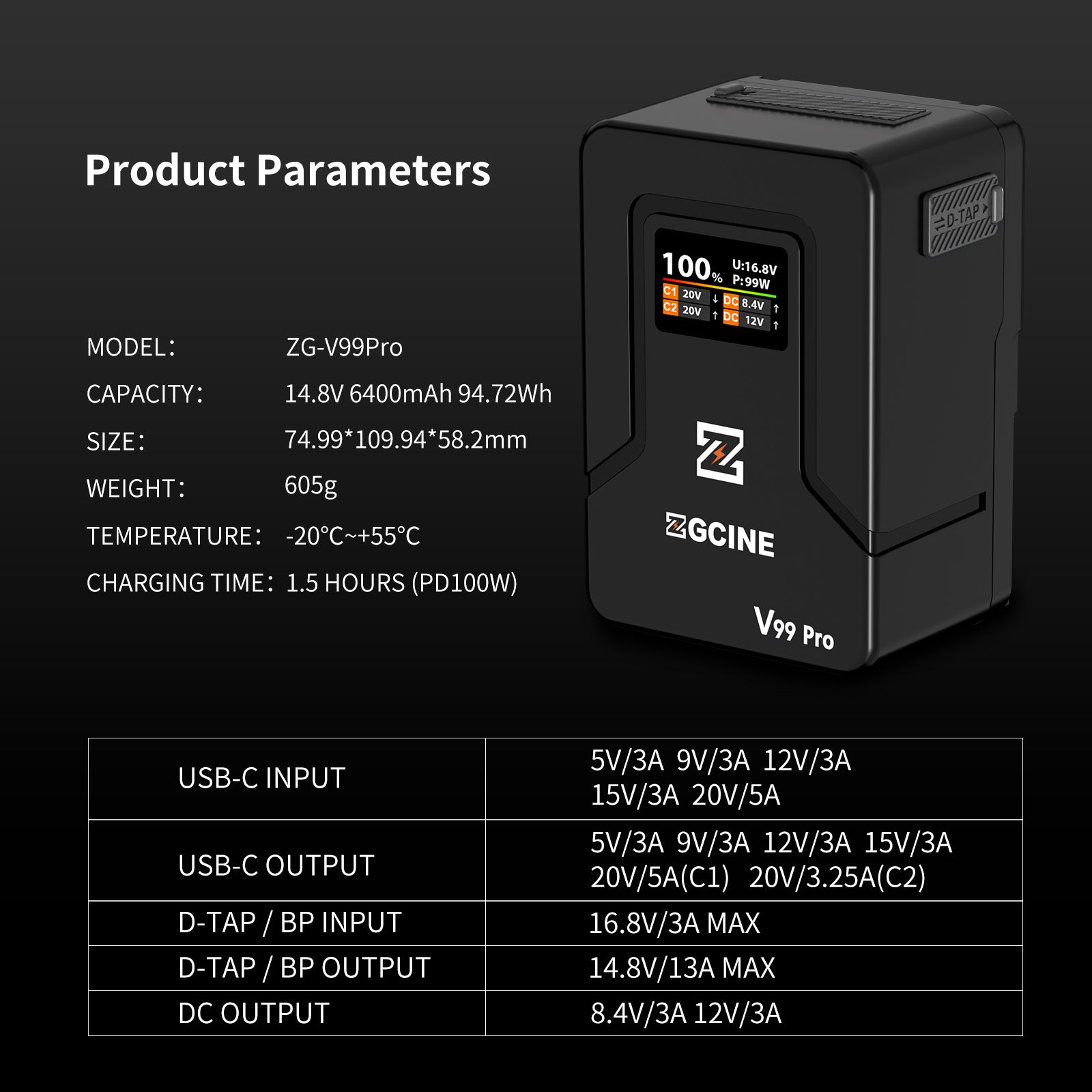 ZGCINE ZG-V99Pro 7000mAh Vマウント バッテリー 黒 ZG-V99Pro V-Mount Battery Upgraded with PD100W faster charging