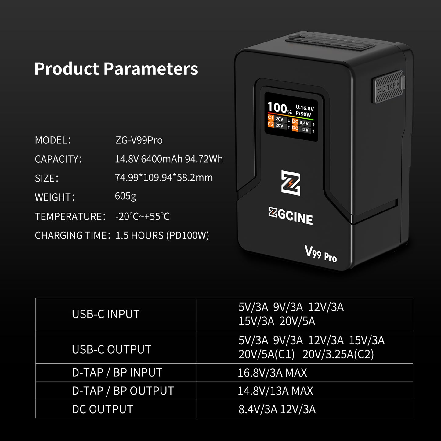 ZG-V99Pro V-Mount Battery Upgraded with PD100W faster charging speed, more ports and real-time smart display function (black)
