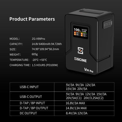ZG-V99Pro V-Mount Battery Upgraded with PD100W faster charging speed, more ports and real-time smart display function (black)