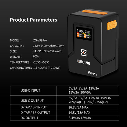 ZG-V99Pro V-Mount Battery Upgraded with PD100W faster charging speed, more ports and real-time smart display function (black)