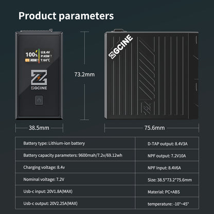 BT-NPF970 Battery,70wH Replacement USB-C Battery for Sony NP-F970, PD 36W Fast Charging, With D-TAP port and display.