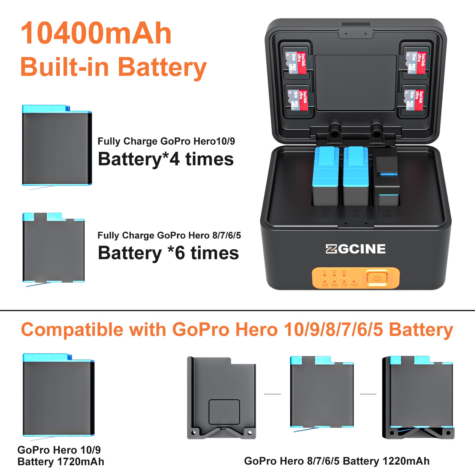 ZGCINE PS-G10 Charging Case for GoPro 11/10/9/8/7/6/5 Battery with 3 C